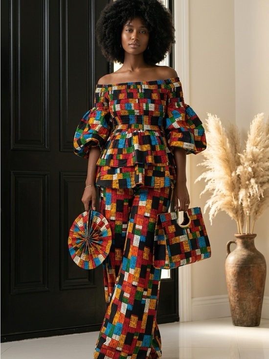 Uylee’s Boutique Pants - 5-Piece African Ankara Pant Set – Red & Black Elegance